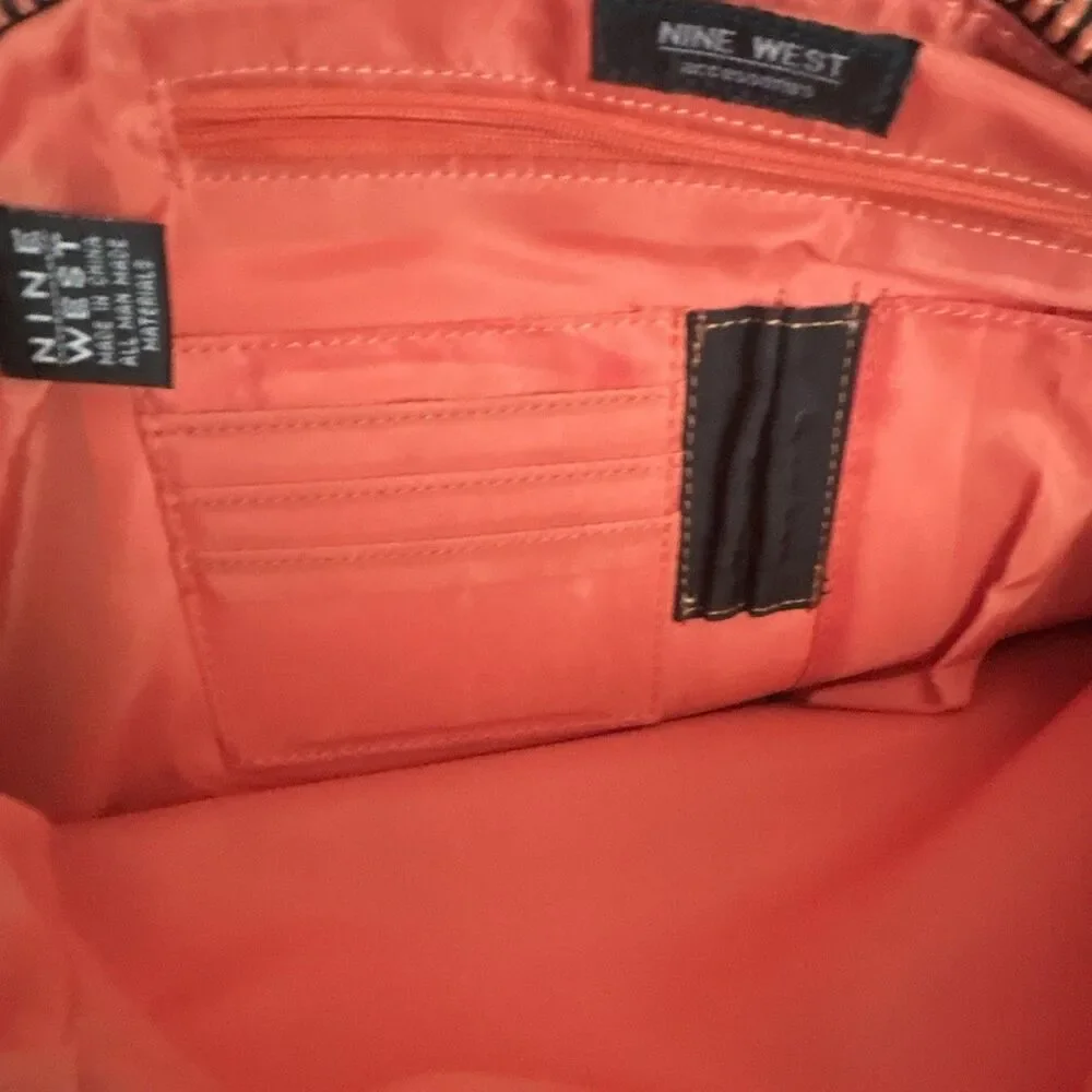 Nine West Black Satchel Top Handle Bag Orange Lining Zip Snap New with Tag